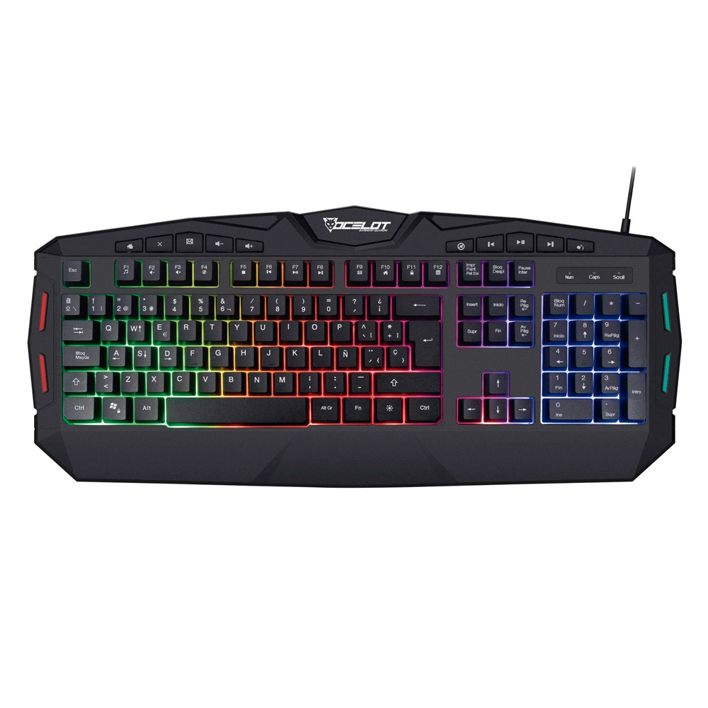 7503030637893 TECLADO MENBRANA  EXTENDIDO OCELOT ALAMBRICO NEGRO ILUMINACION TIPO ARCOIRIS TECLAS MULTIMEDIAS  GAMER
