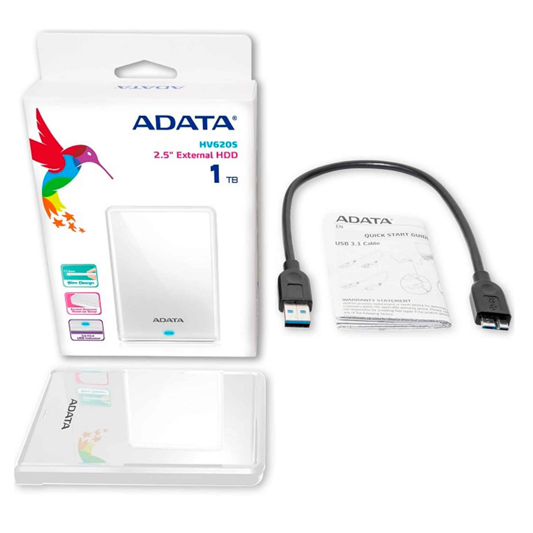 842243028119 DISCO DURO EXTERNO ADATA AHV620S SLIM 1TB 2.5 PULG. USB 3.1 COLOR BLANCO 