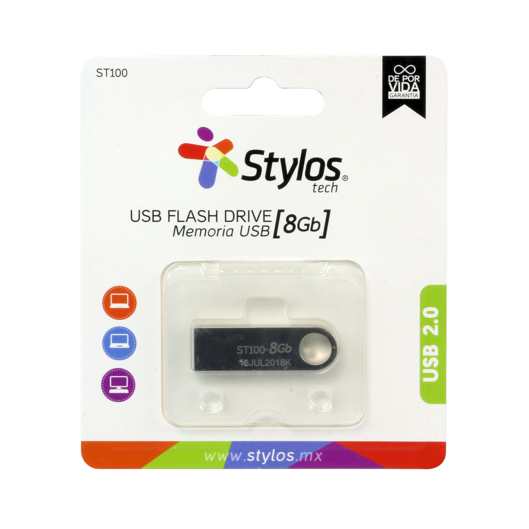 7503024582376 MEMORIA USB STYLOS 8GB FLASH 2.0 PLATA